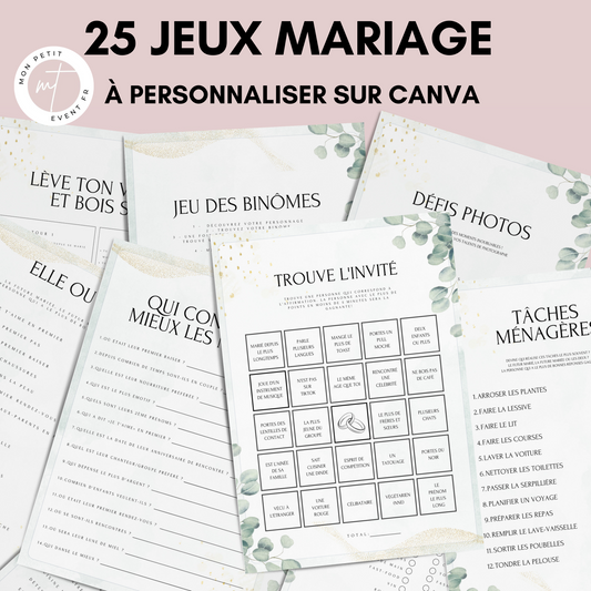Jeux de mariage en français Thème Eucalyptus : activités, 25 cartes à imprimer, animations de table, défis photos et EVJF.