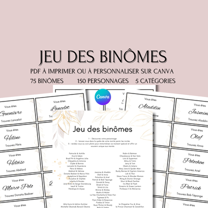 Jeu des binômes à imprimer PDF - Jeu des duos célèbres pour mariage et soirée