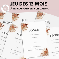 Jeu des 12 mois à personnaliser Canva - Terracotta Fleuri - Activité mariage PDF