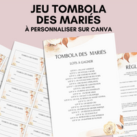 Jeu Tombola des mariés à personnaliser Canva - Boho Fleuri - PDF à imprimer