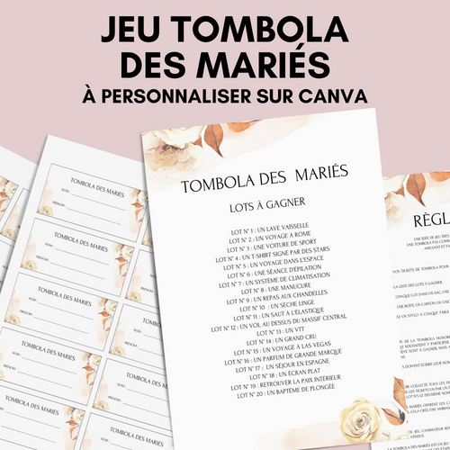 Jeu Tombola des mariés à personnaliser Canva - Boho Fleuri - PDF à imprimer