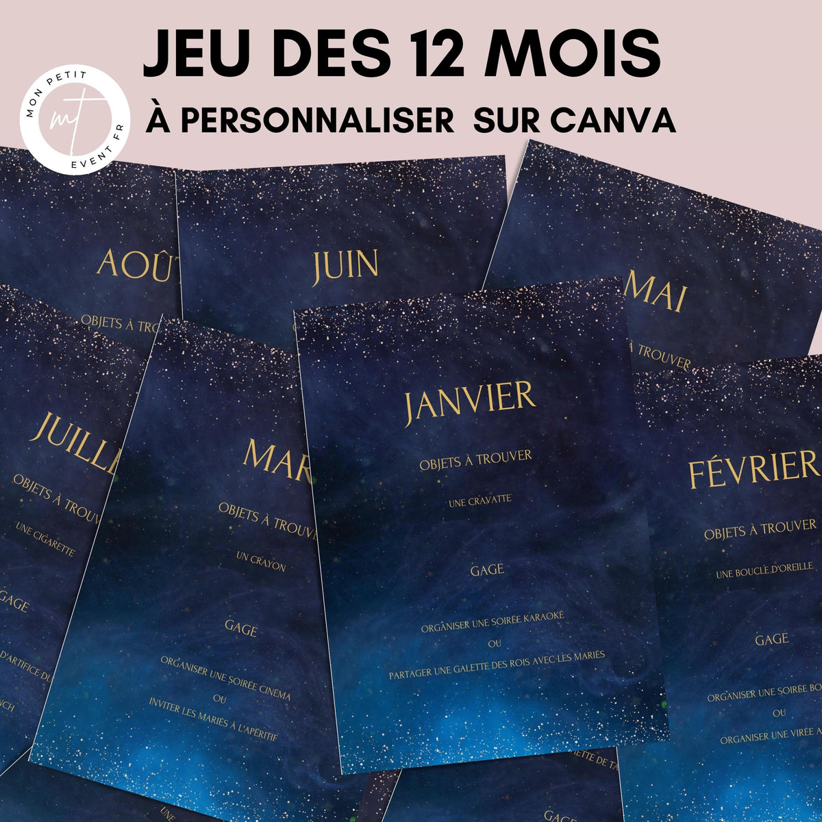 Jeu des 12 mois à personnaliser Canva - Bleu Nuit - Activité mariage PDF
