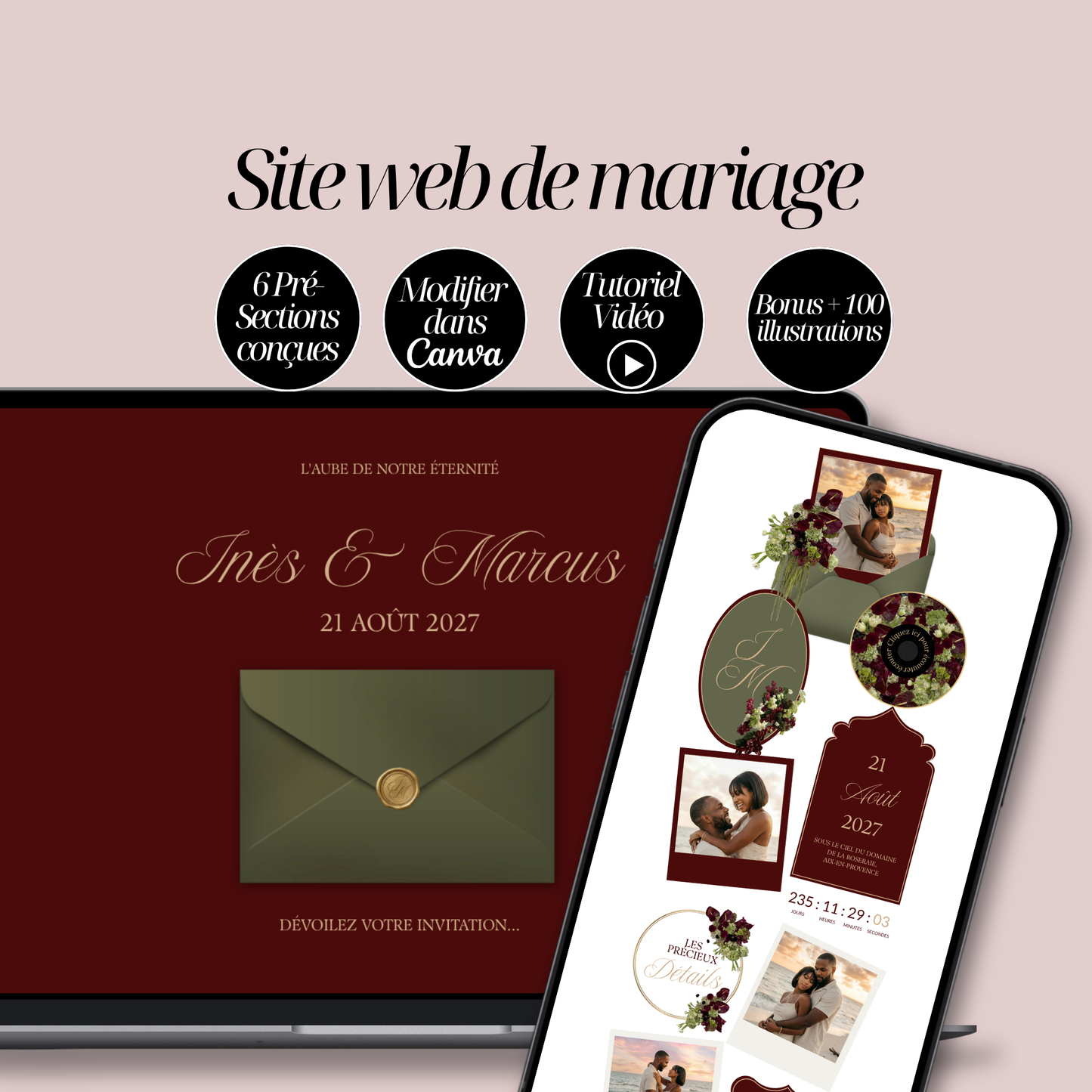 Site web de mariage Canva à personnaliser | Modèle Éden | Bordeaux et doré | RSVP intégré | Faire-part digital | Téléchargement immédiat