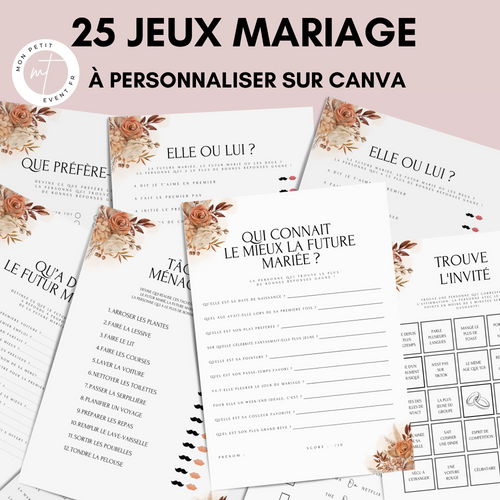 Jeux de mariage à personnaliser Canva - Boho & Terracotta - 25 cartes PDF à imprimer