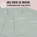 Jeu des 12 mois à personnaliser Canva - Vert Olive - Activité mariage PDF