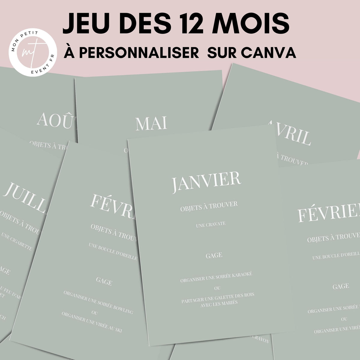 Jeu des 12 mois à personnaliser Canva - Vert Olive - Activité mariage PDF