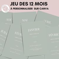 Jeu des 12 mois à personnaliser Canva - Vert Olive - Activité mariage PDF