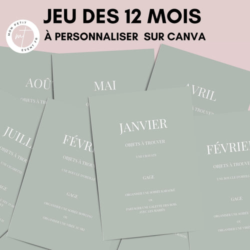 Jeu des 12 mois à personnaliser Canva - Vert Olive - Activité mariage PDF