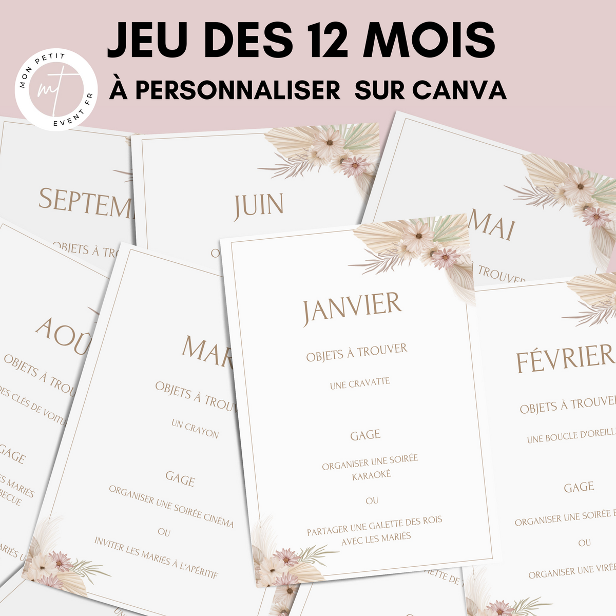 Jeu des 12 mois à personnaliser Canva - Boho Fleuri Élégant - Activité mariage PDF