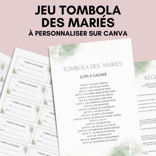 Jeu Tombola des mariés à personnaliser Canva - Aquarelle Vert - PDF à imprimer
