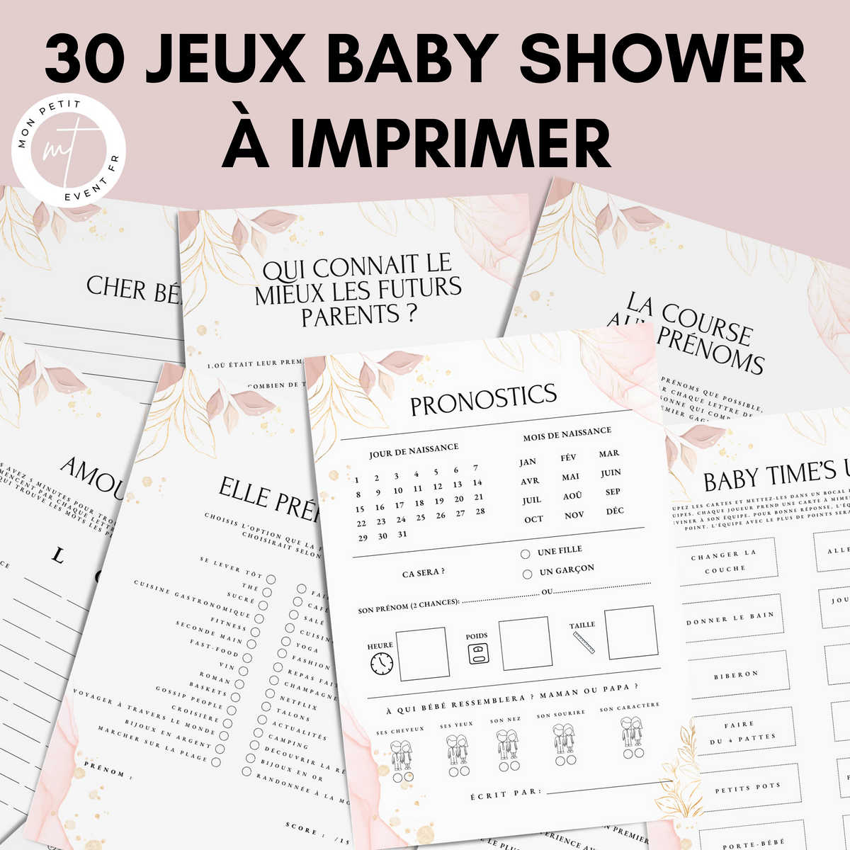 Jeux Baby Shower à Imprimer Rose & Gold - 30 Activités Fête Prénatale
