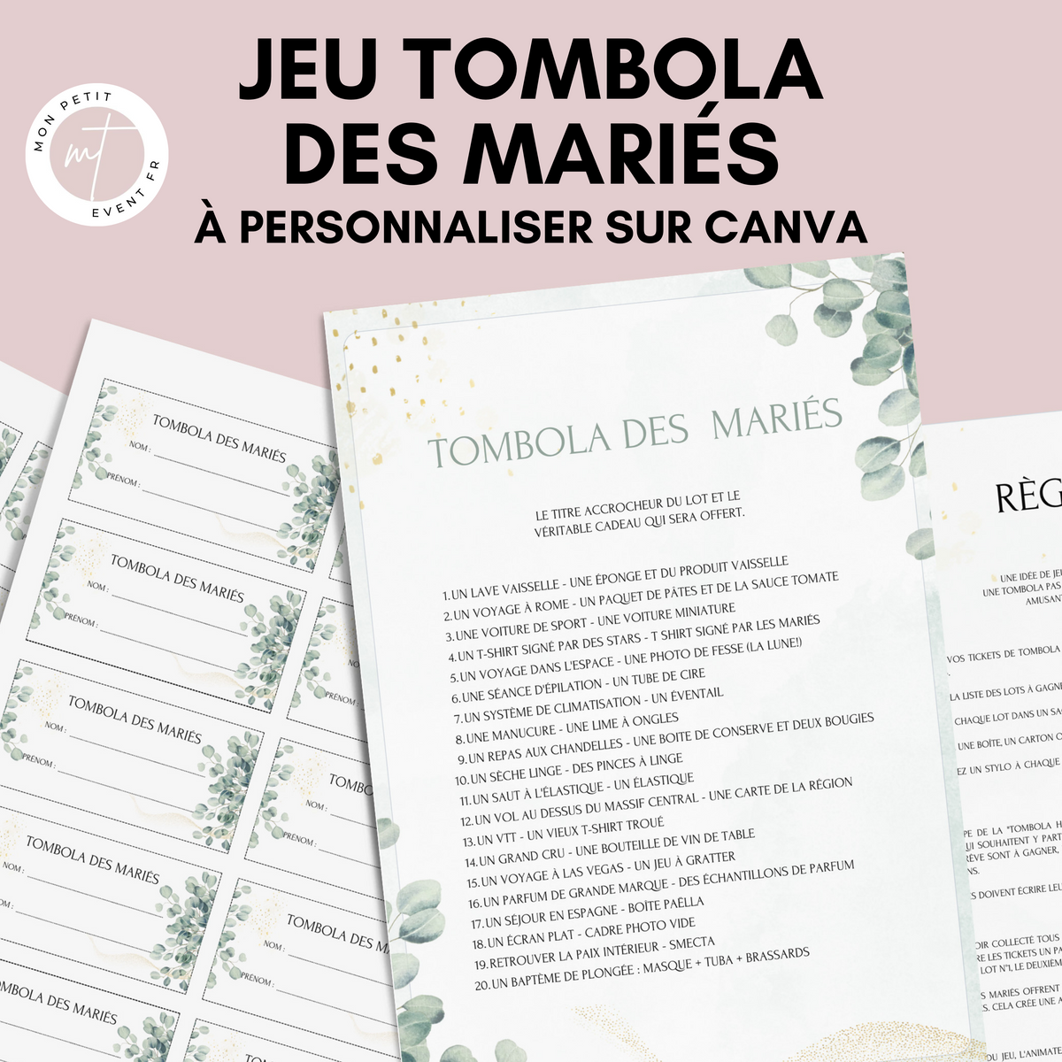 Jeu Tombola des mariés à personnaliser Canva - Eucalyptus - PDF à imprimer
