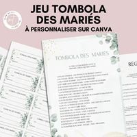 Jeu Tombola des mariés à personnaliser Canva - Eucalyptus - PDF à imprimer