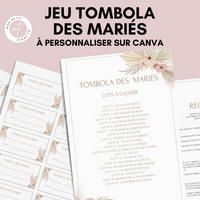 Jeu Tombola des mariés à personnaliser Canva - Boho Élégant - PDF à imprimer