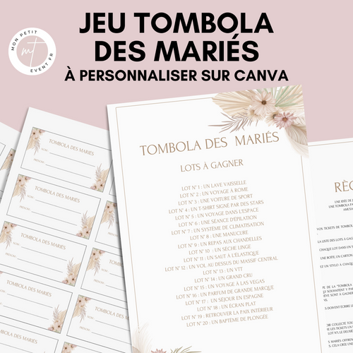 Jeu Tombola des mariés à personnaliser Canva - Boho Élégant - PDF à imprimer