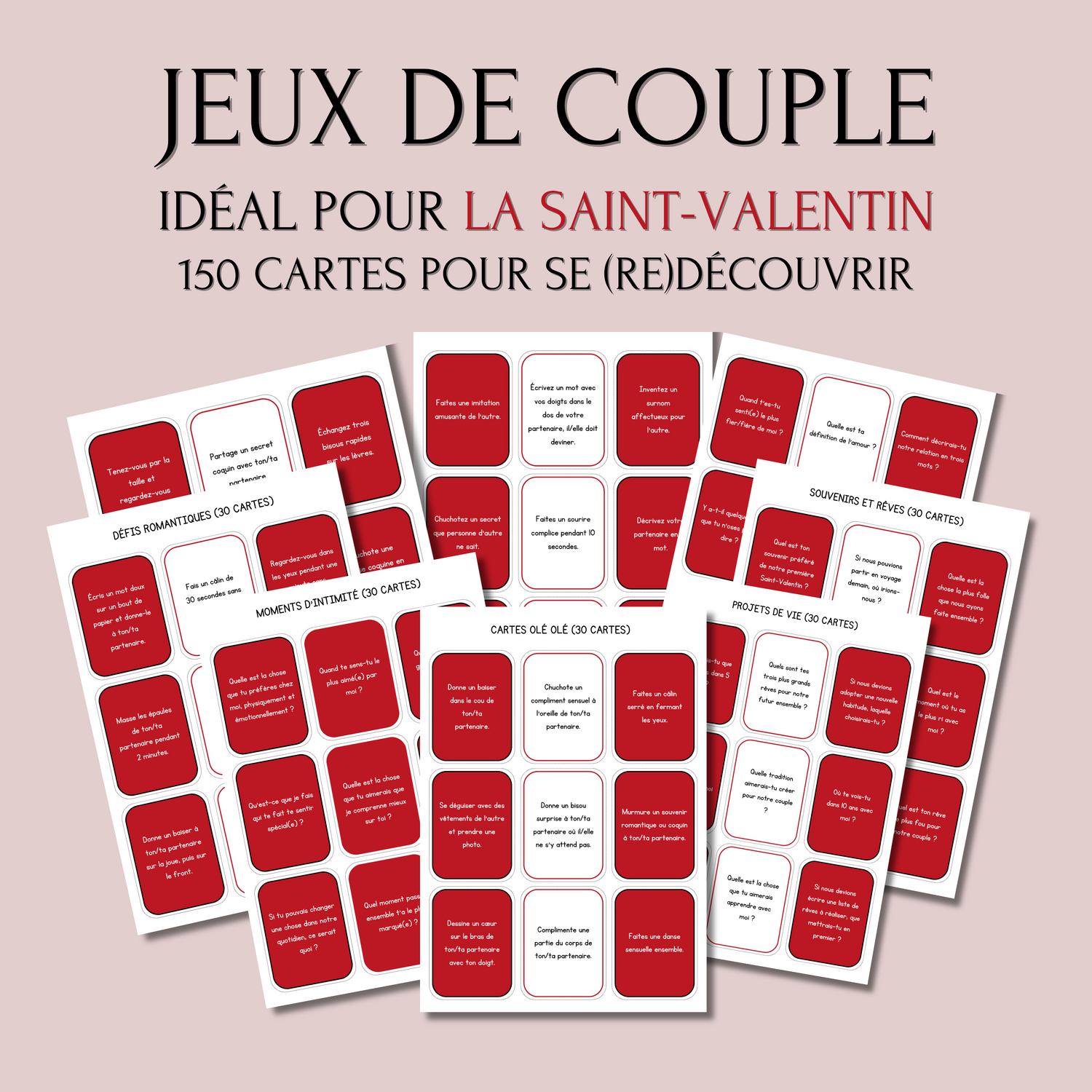 Pack 150 cartes de couple Rouge à imprimer - Jeu romantique passionné PDF téléchargement immédiat