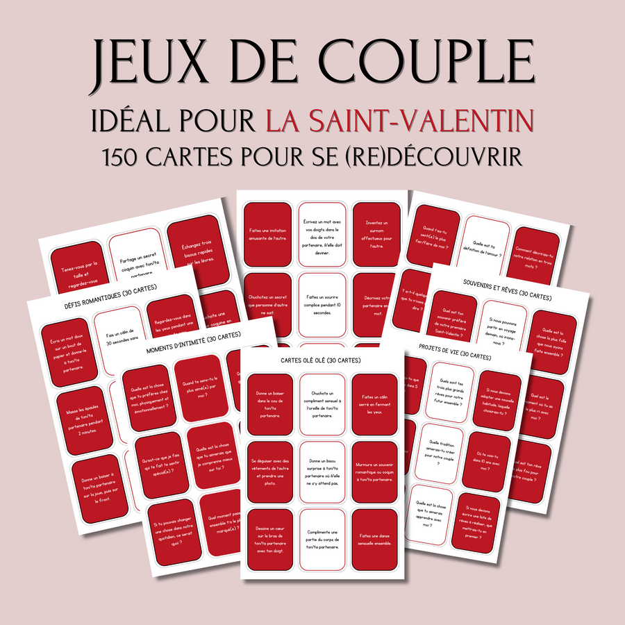 Jeux de Couple à imprimer - Rouge - 150 Cartes romantiques PDF