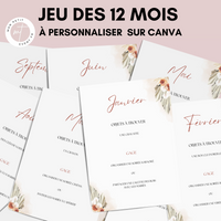 Jeu des 12 mois à personnaliser Canva - Boho & Terracotta - Activité mariage PDF