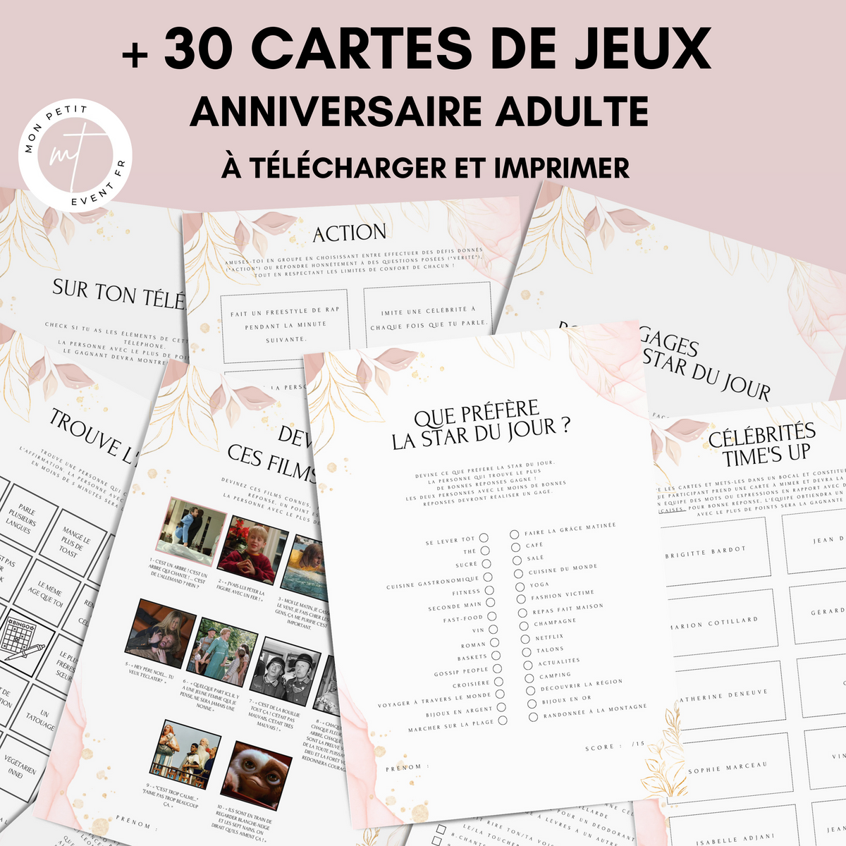 Jeux Anniversaire Adulte Thème Floral Rose - 30 Activités Imprimables