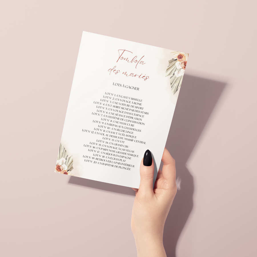 Jeu Tombola des mariés à personnaliser Canva - Terracotta Fleuri - PDF à imprimer