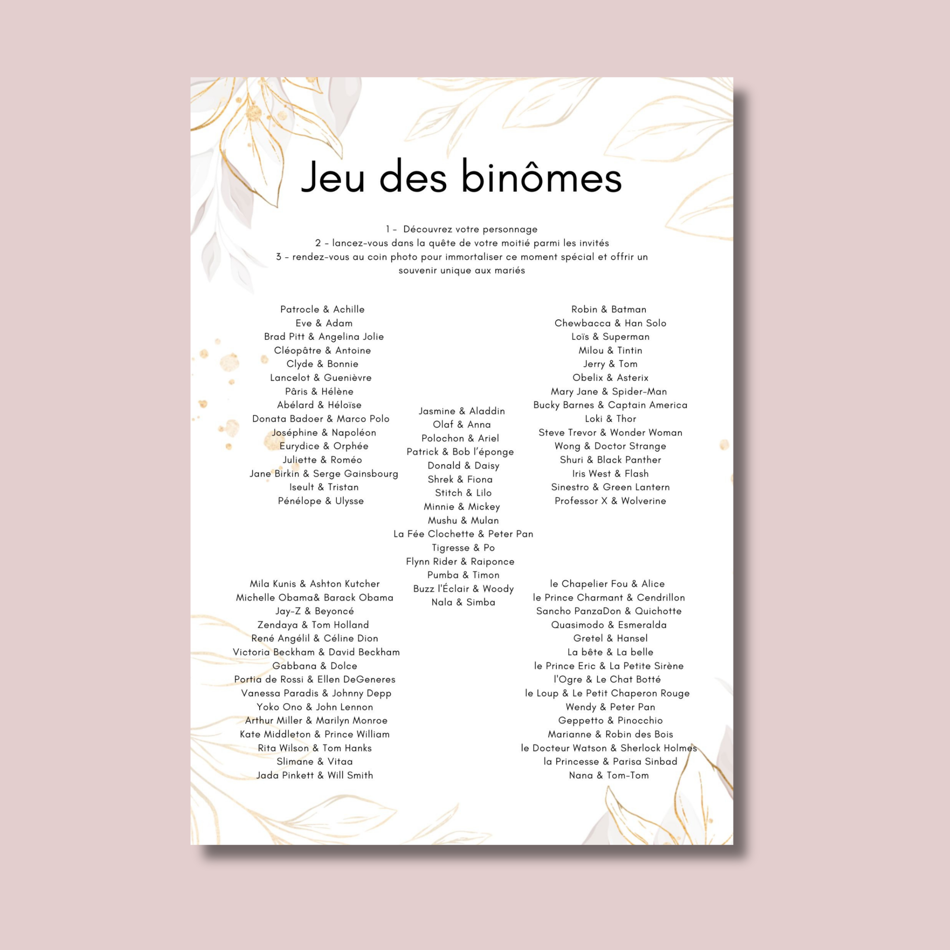 Jeu des binômes à imprimer PDF - Jeu des duos célèbres pour mariage et soirée