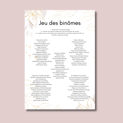 Jeu des binômes à imprimer PDF - Jeu des duos célèbres pour mariage et soirée