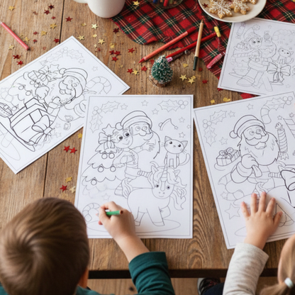 Coloriage de Noël imprimé format A4 avec renne et traîneau du Père Noël