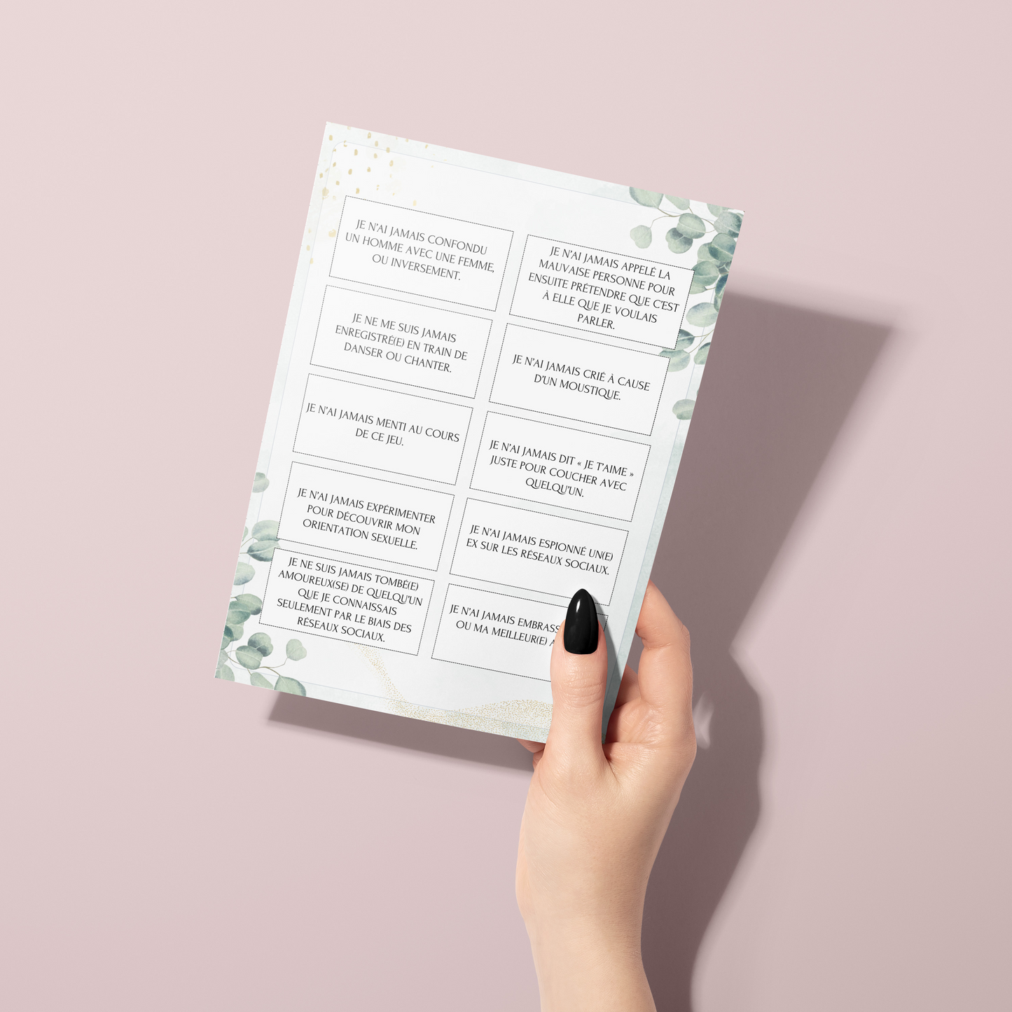 Jeu Je n'ai jamais pour une soirée entre filles EVJF Thème Eucalyptus - Jeu Je n'ai jamais questions - Jeu Soirée Apéro