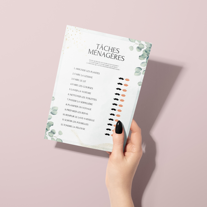 Jeux de mariage en français Thème Eucalyptus : activités, 25 cartes à imprimer, animations de table, défis photos et EVJF.