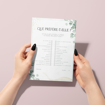 Jeux de mariage en français Thème Eucalyptus : activités, 25 cartes à imprimer, animations de table, défis photos et EVJF.