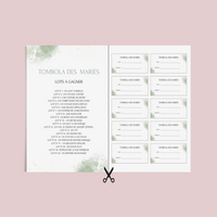 Jeu Tombola des mariés à personnaliser Canva - Aquarelle Vert - PDF à imprimer