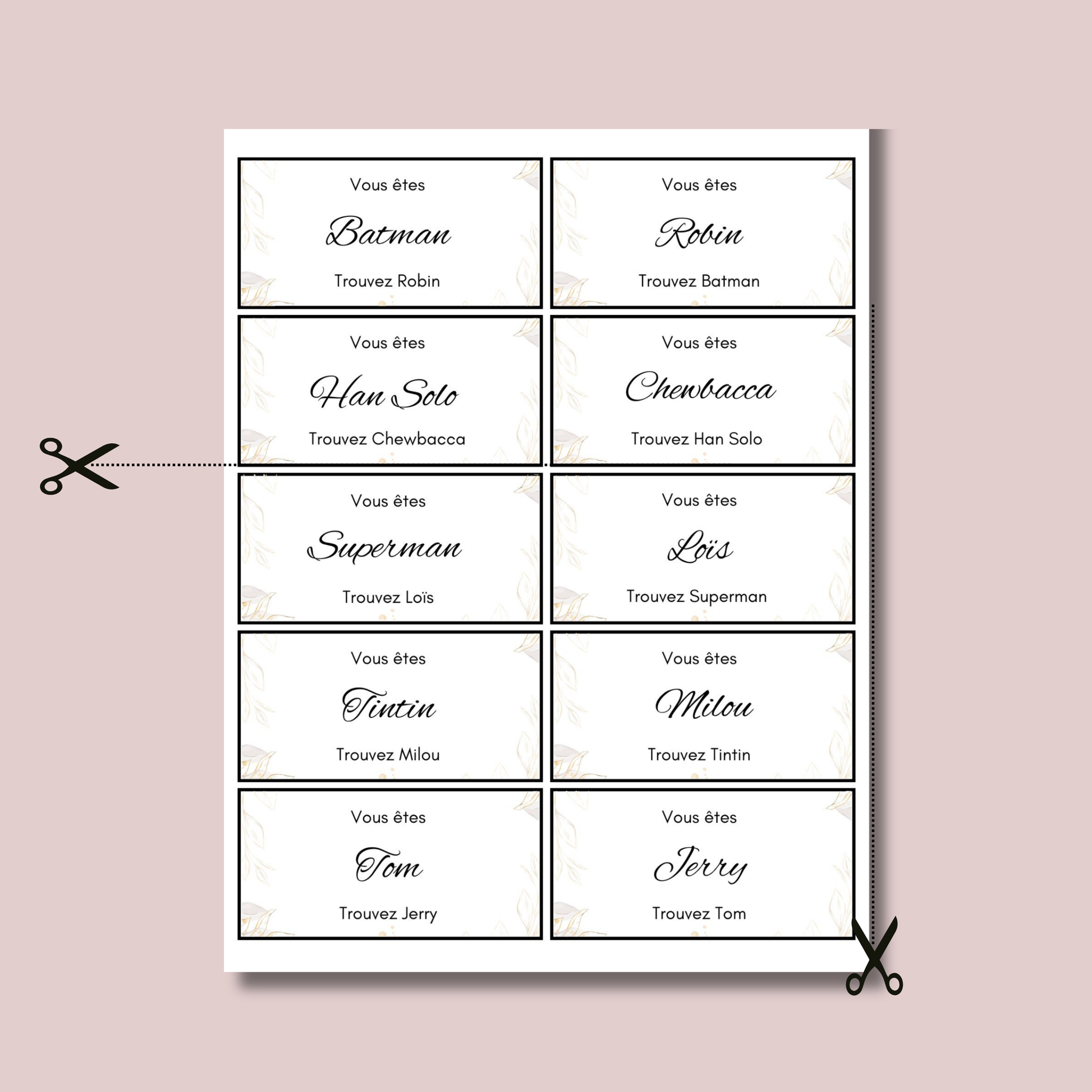 Cartes jeu des binômes personnalisables - Exemples de duos célèbres à imprimer