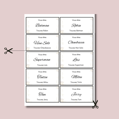 Cartes jeu des binômes personnalisables - Exemples de duos célèbres à imprimer