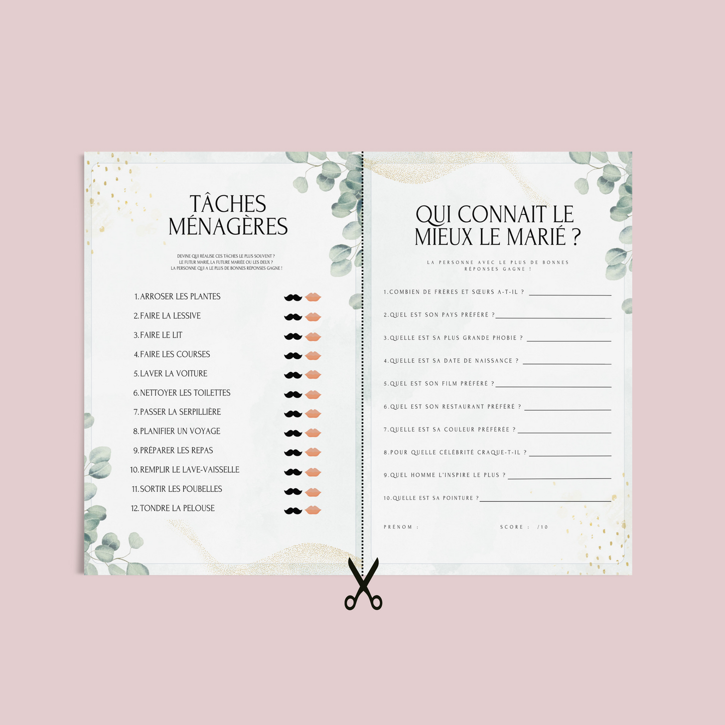 Jeux de mariage en français Thème Eucalyptus : activités, 25 cartes à imprimer, animations de table, défis photos et EVJF.