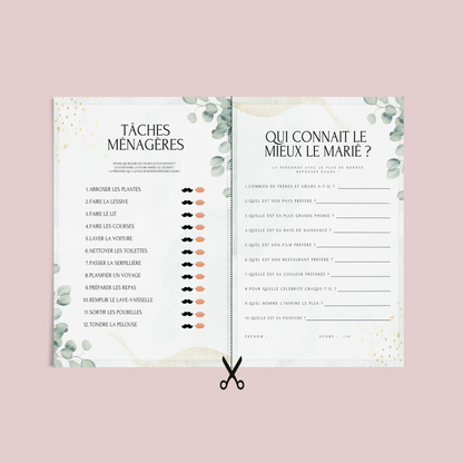 Jeux de mariage en français Thème Eucalyptus : activités, 25 cartes à imprimer, animations de table, défis photos et EVJF.