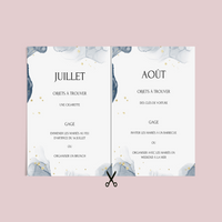 Jeu des 12 mois à personnaliser Canva - Aquarelle Bleu - Activité mariage PDF