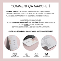 Livret de messe Baptême à personnaliser Canva - Doré et Rose Fleuri - Modèle PDF