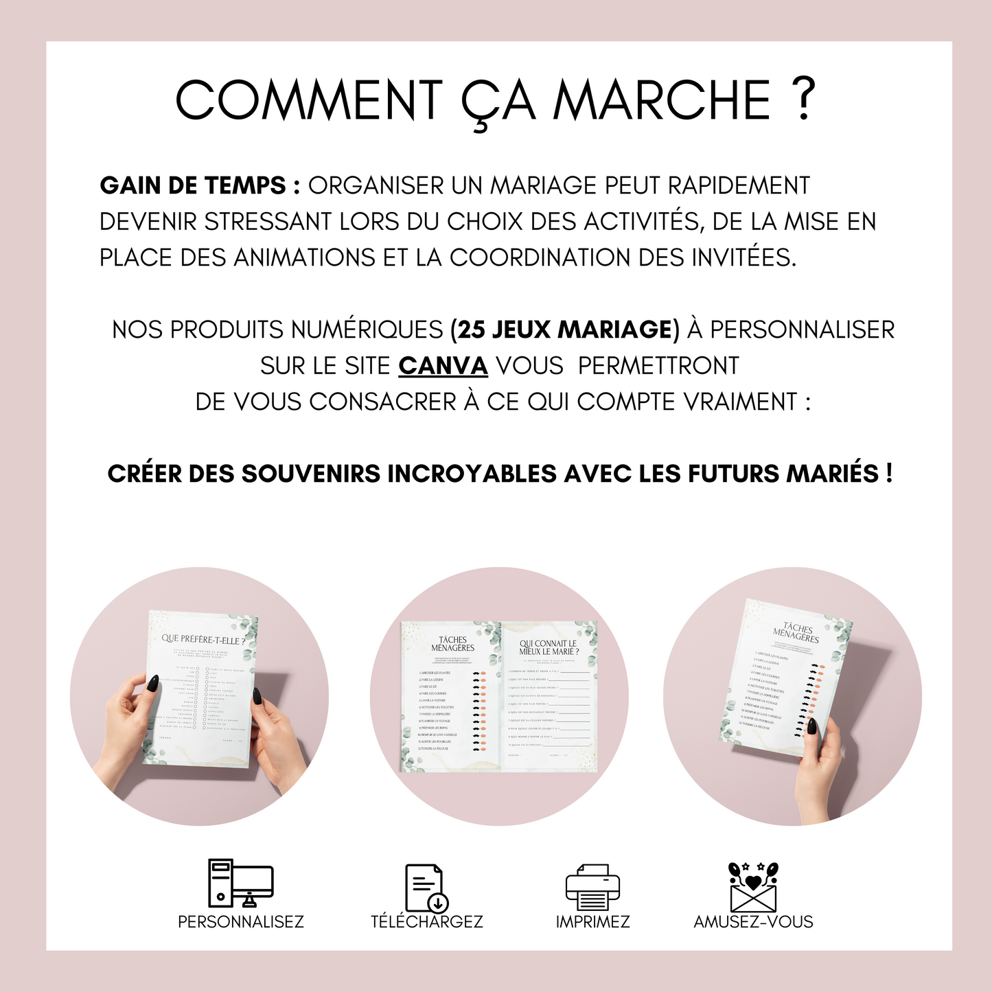 Jeux de mariage en français Thème Eucalyptus : activités, 25 cartes à imprimer, animations de table, défis photos et EVJF.