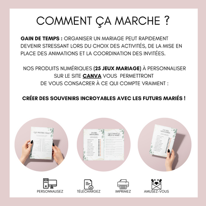 Jeux de mariage en français Thème Eucalyptus : activités, 25 cartes à imprimer, animations de table, défis photos et EVJF.