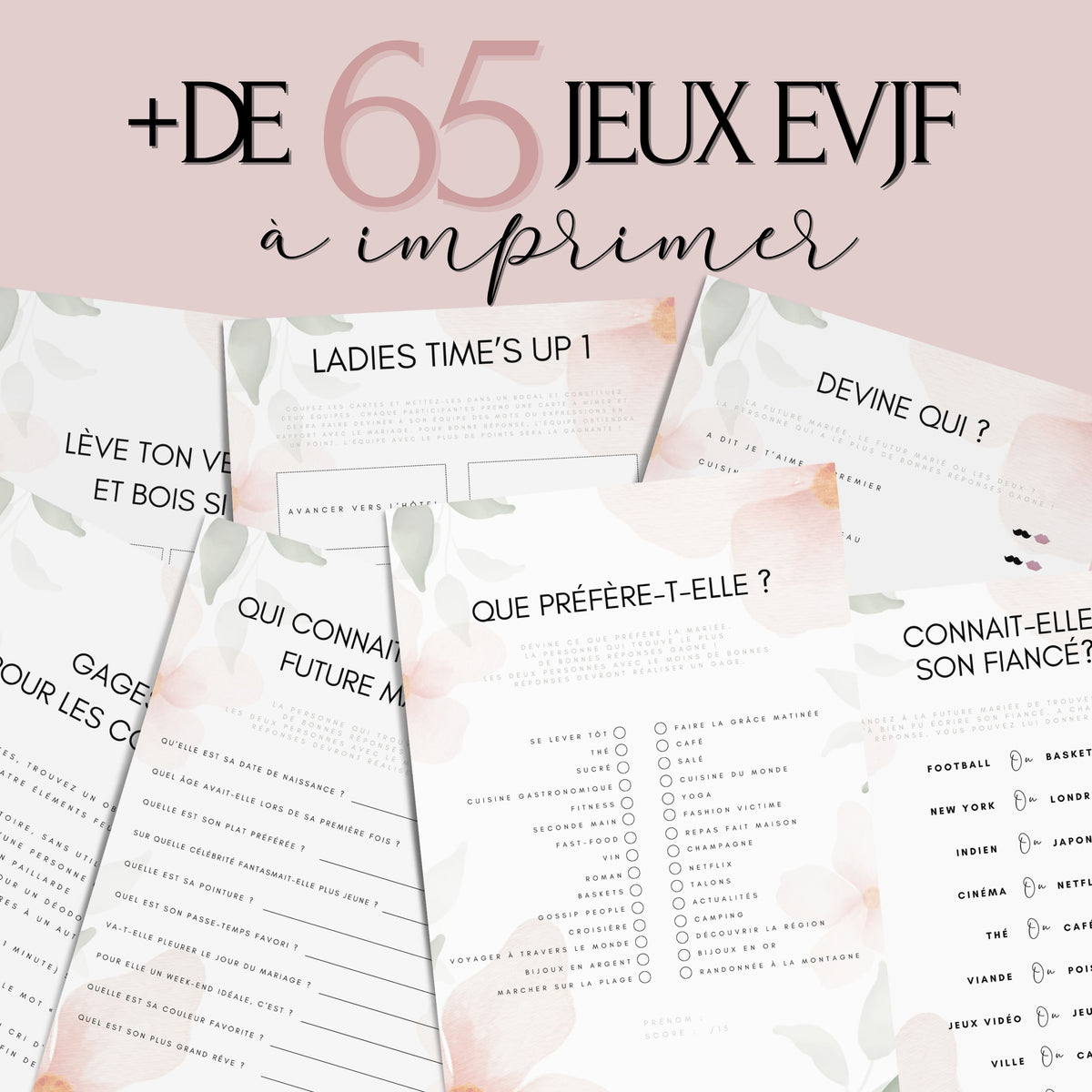 Kit EVJF à Imprimer Aquarelle Rose & Vert Fleuri - 65 Jeux + Gages à Domicile