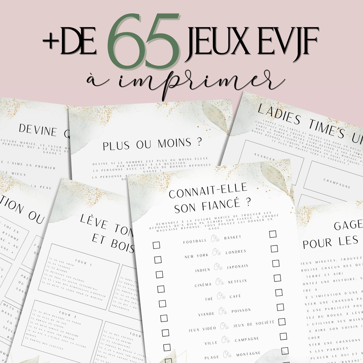 Kit EVJF à Imprimer Vert & Gold - 65 Jeux + Gages à Domicile