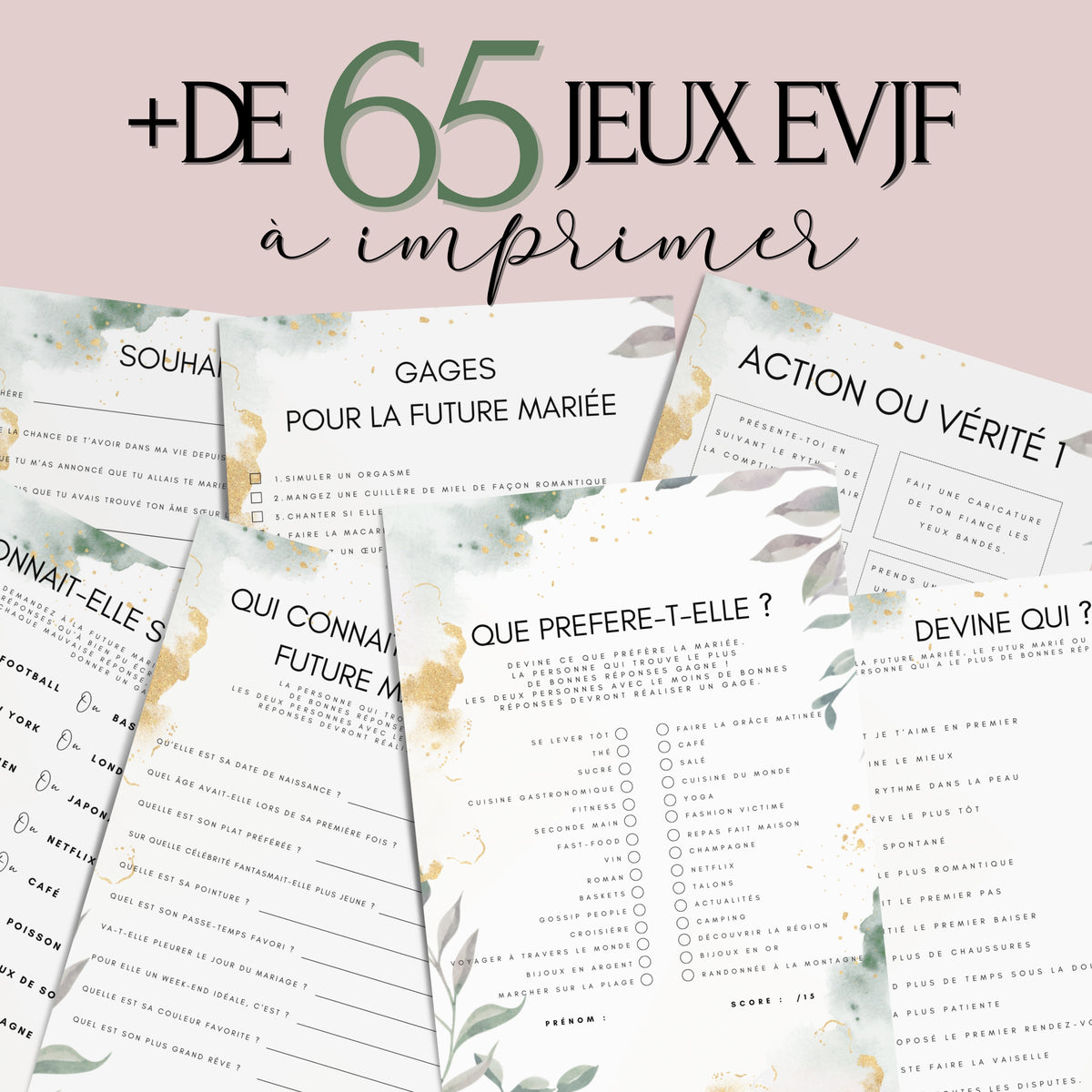 Kit EVJF à Imprimer Aquarelle Vert Fleuri - 65 Jeux + Gages à Domicile