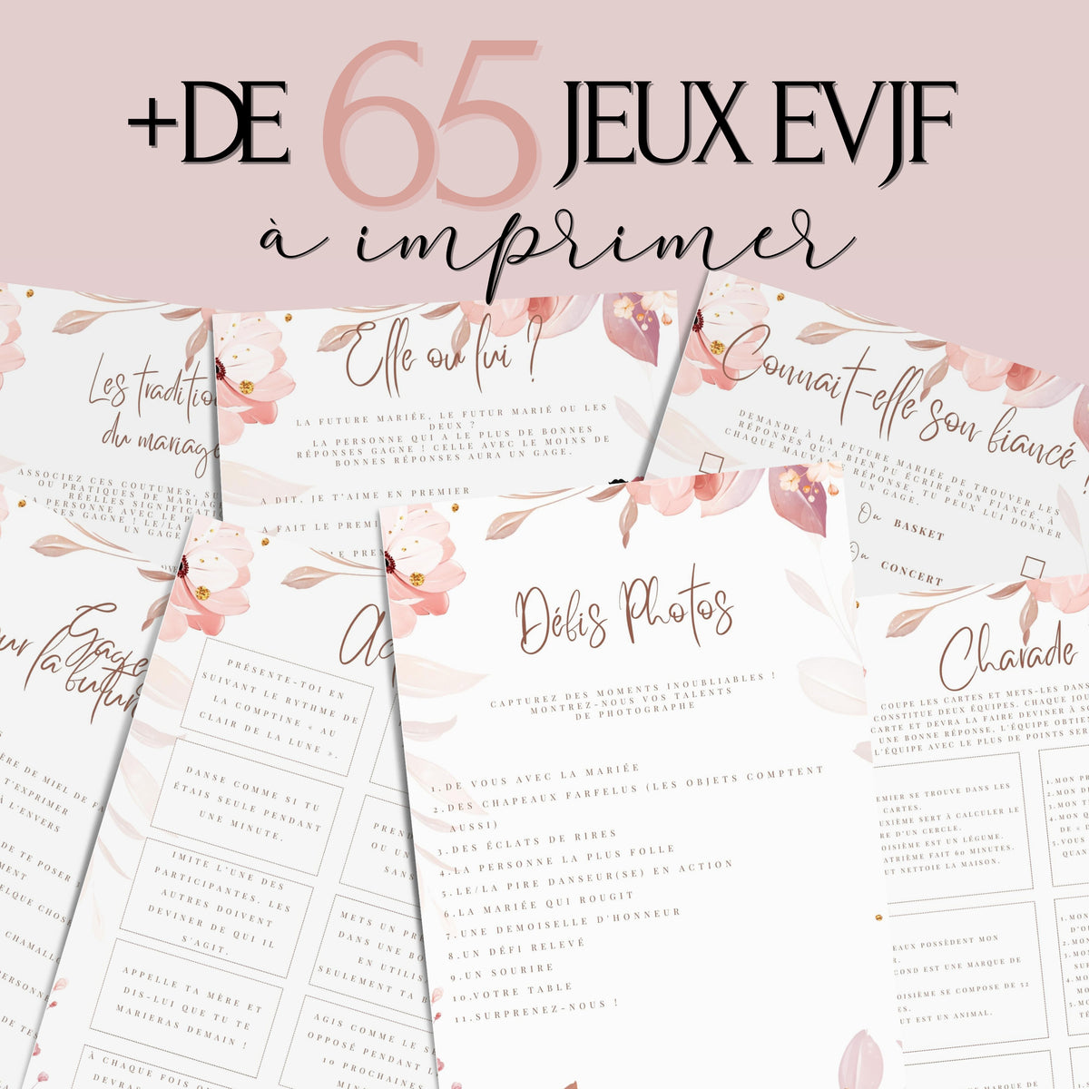 Kit EVJF à Imprimer Rose Fleuri Élégant - 65 Jeux + Gages - BESTSELLER