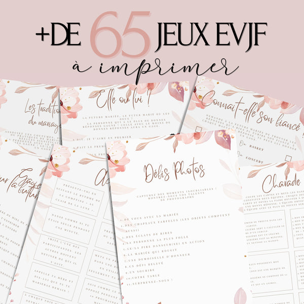Kit EVJF à Imprimer Rose Fleuri Élégant - 65 Jeux + Gages - BESTSELLER