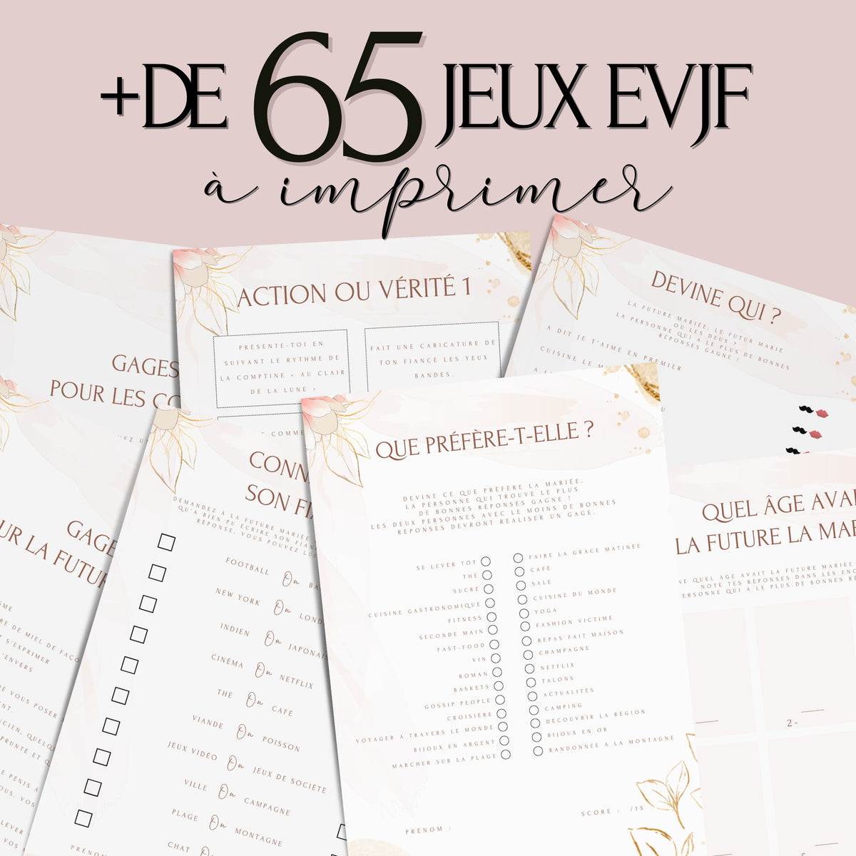 Kit EVJF à Imprimer Gold & Rose Fleuri - 65 Jeux + Gages à Domicile