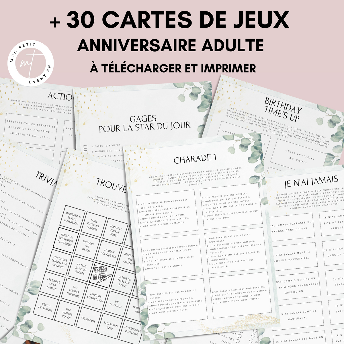 Jeux Anniversaire Adulte Eucalyptus - 30 Activités PDF à Imprimer