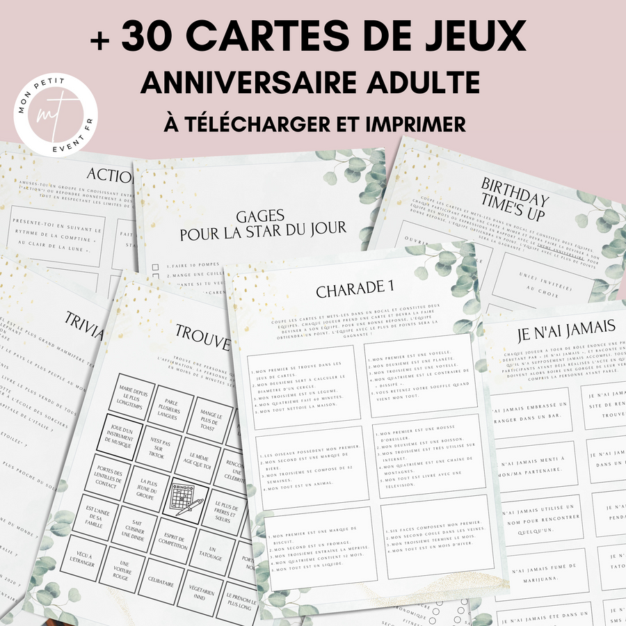 Jeux Anniversaire Adulte Eucalyptus - 30 Activités PDF à Imprimer