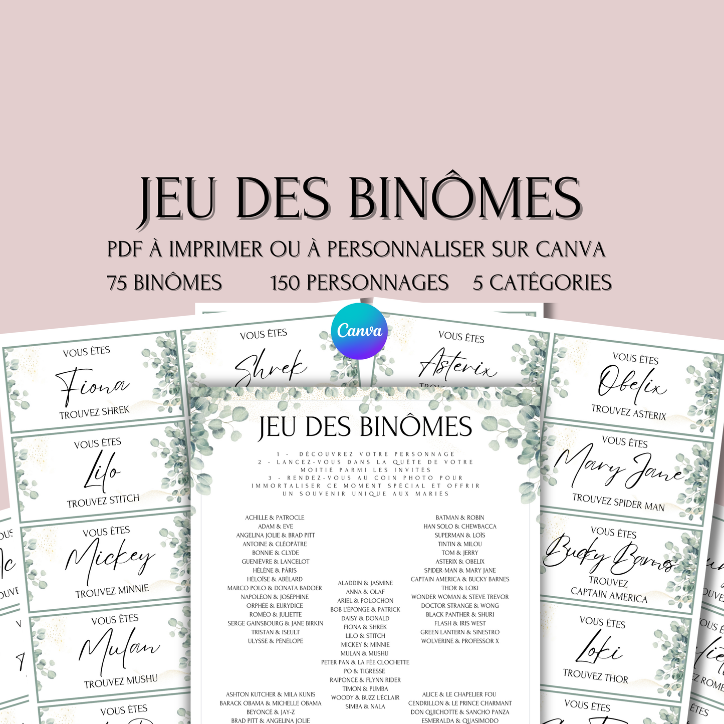 Jeu des binômes à imprimer - Carte jeu des binômes PDF - Jeu des duos célèbres - Jeu des binômes mariage liste