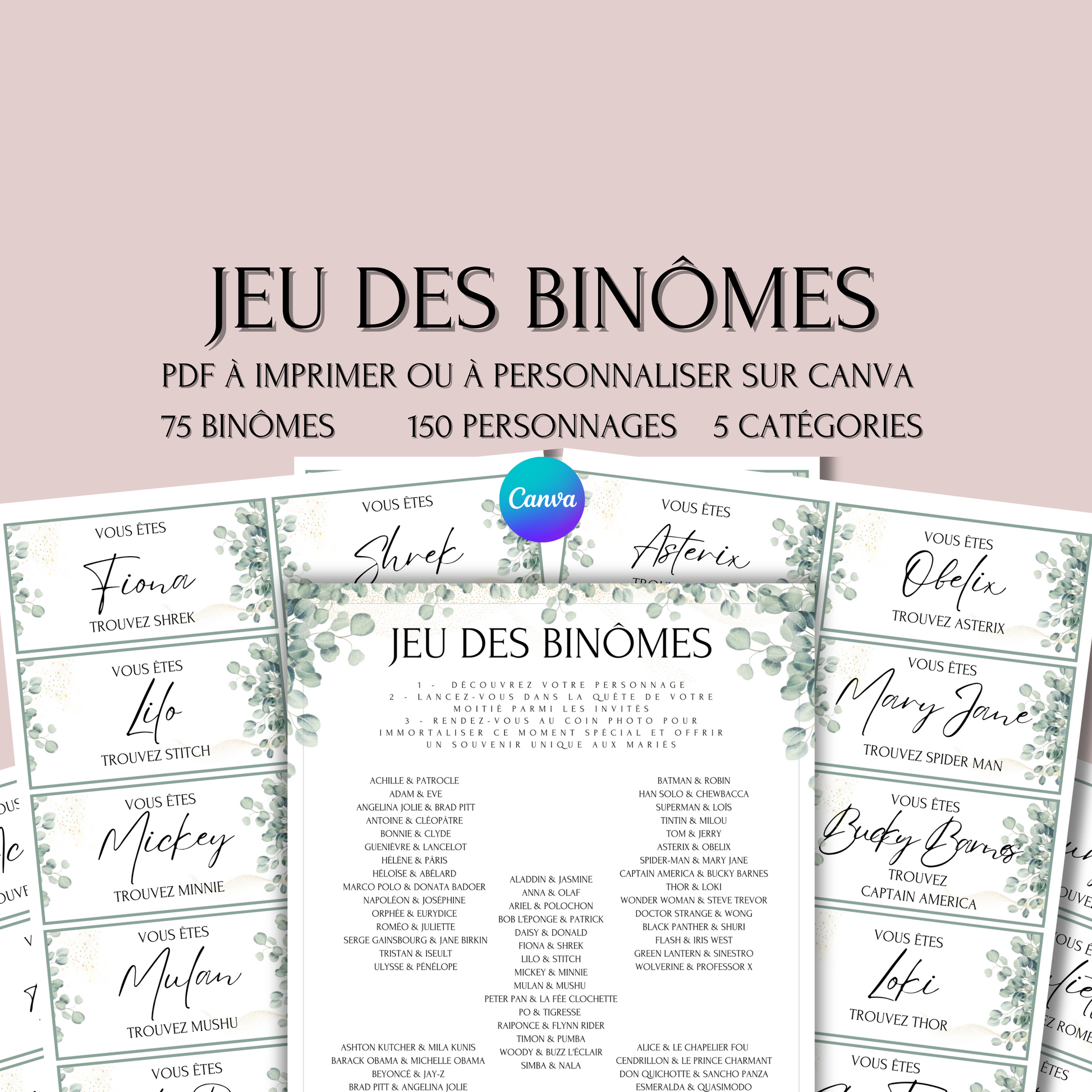 Jeu des binômes à imprimer - Carte jeu des binômes PDF - Jeu des duos célèbres - Jeu des binômes mariage liste