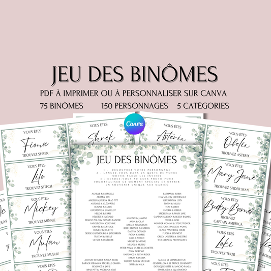 Jeu des binômes à imprimer - Carte jeu des binômes PDF - Jeu des duos célèbres - Jeu des binômes mariage liste